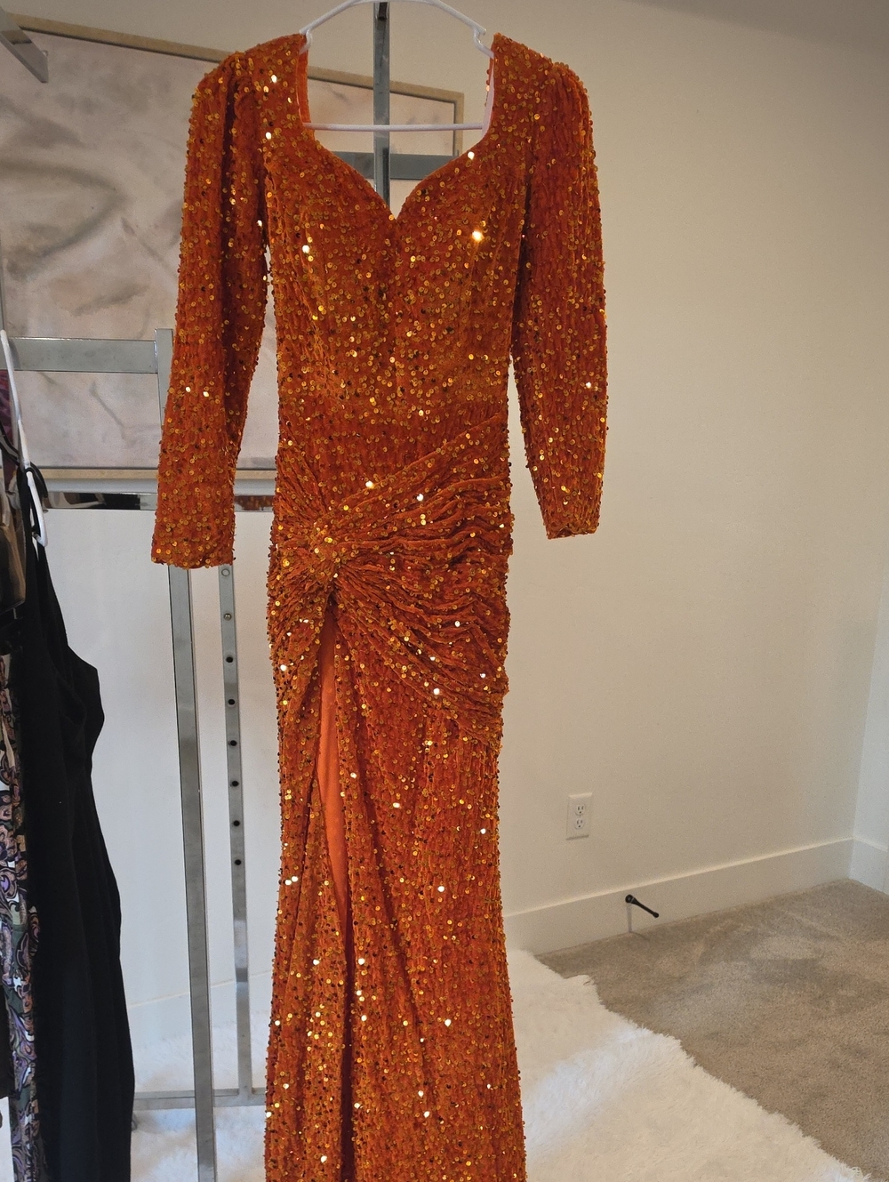 Orange Sequin Ruched Long Sleeve Evening Dress